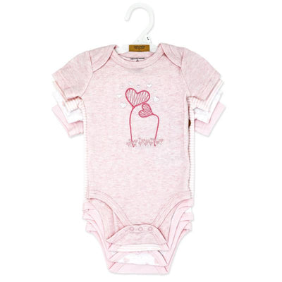 Four-pack of pink short sleeve bodysuits featuring a cute hearts design, suitable for infants.
