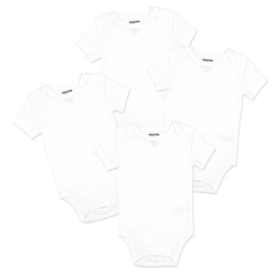 Four white short sleeve bodysuits from Rose Textiles, featuring a classic design with snap closures at the bottom.