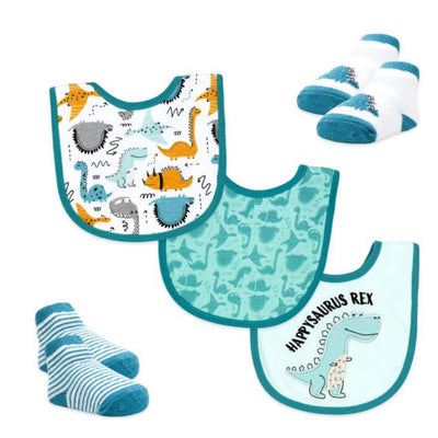 Rose Textiles - 5Pk Baby Boy Bib & Sock Set Teal Dino Image 1