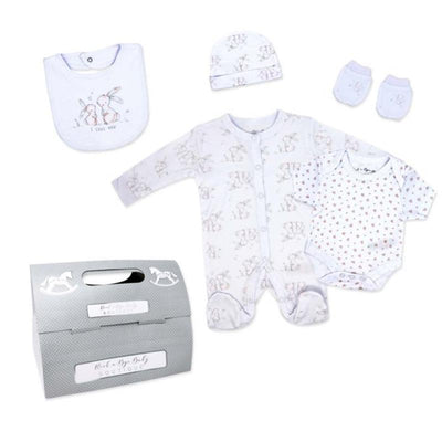 Baby clothing set for girls includes a bunny-printed onesie, a matching hat, a bib, booties, and a decorative box.
