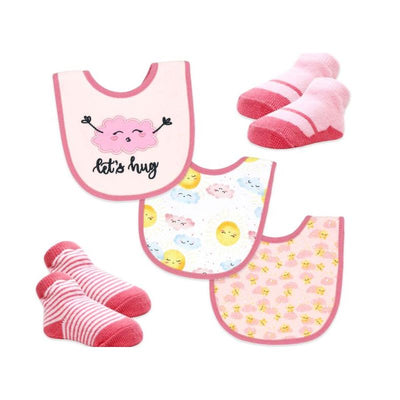 Rose Textiles - 5Pk Bib & Sock Set Pink Let's Hug Image 1