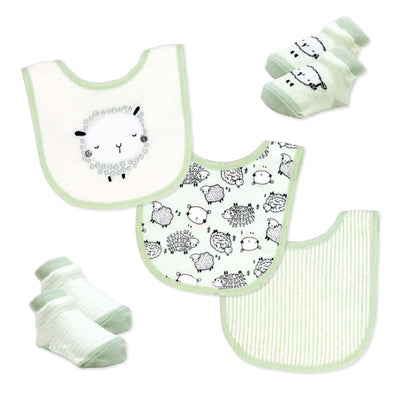 Rose Textiles 5Pk Bib & Sock Set, Sage Sheep Image 1