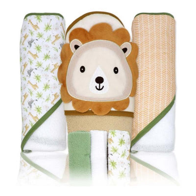 Rose Textiles 6Pk Bath Set: 3 Hooded Towels & 3 Washcloths, Green Lion Image 1