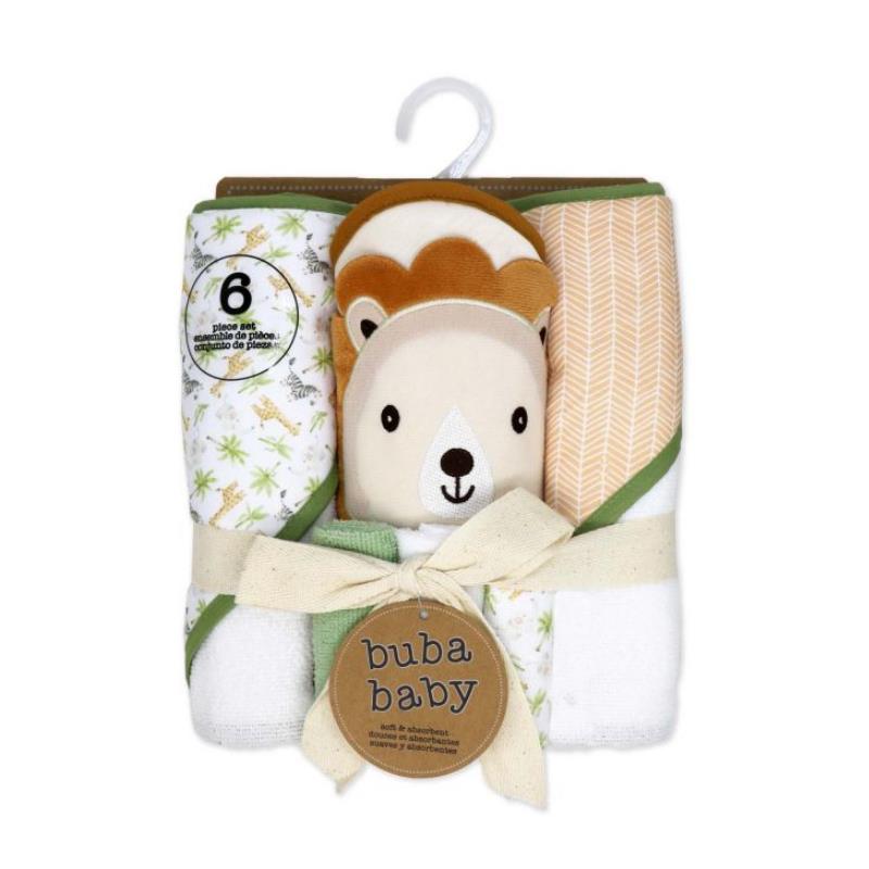 Rose Textiles 6Pk Bath Set: 3 Hooded Towels & 3 Washcloths, Green Lion Image 2