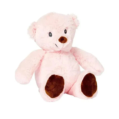 Plush pink bear toy with brown accents on feet and nose, designed for comfort and cuddling.