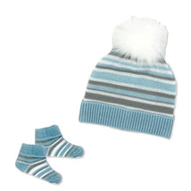 Rose Textiles - Baby Boy Blue Striped Knit Hat & Bootie Set Image 1