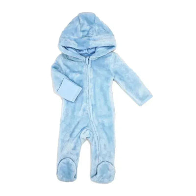 Fleece pramsuit for baby boys, featuring a soft blue color, full zipper, and a hood.