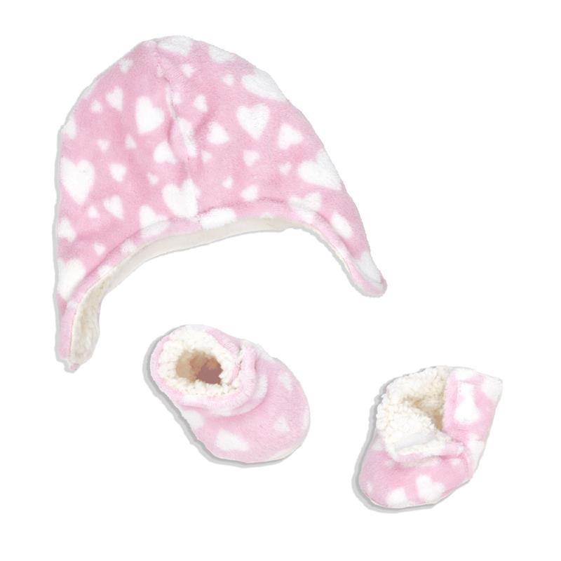 Rose Textiles - Baby Girl All Over Print Plush Hat & Bootie Set, Pink Image 1
