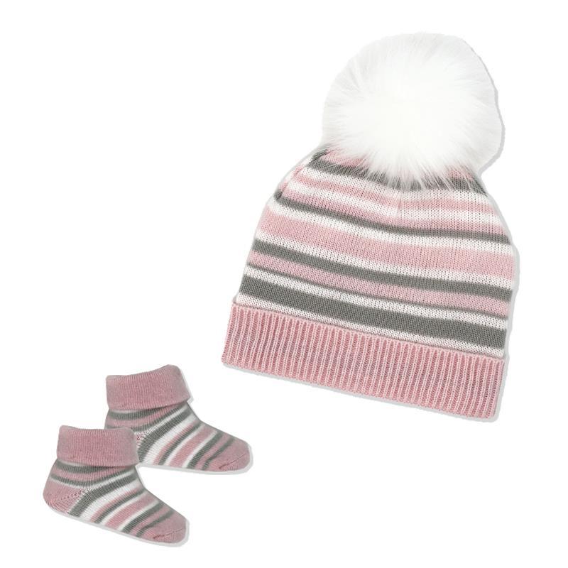 Rose Textiles - Baby Girl Striped Knit Hat And Bootie Set, Pink Image 1
