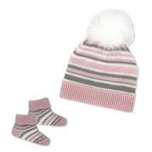 Rose Textiles - Baby Girl Pink Striped Knit Hat & Bootie Set Image 1