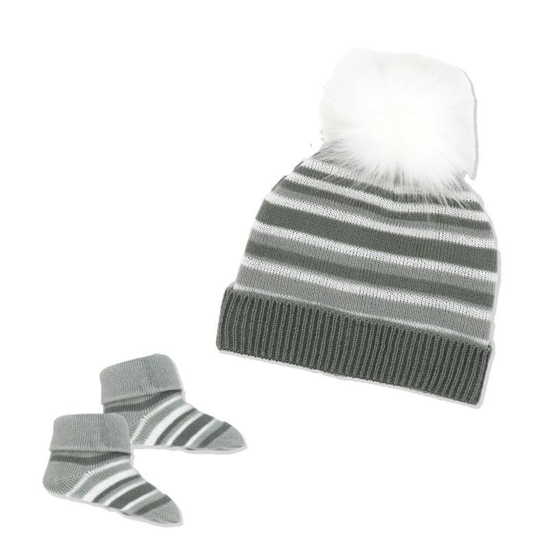 Rose Textiles - Baby Striped Knit Hat And Bootie Set, Grey Image 1