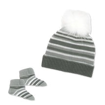 Rose Textiles - Baby Grey Striped Knit Hat & Bootie Set Image 1