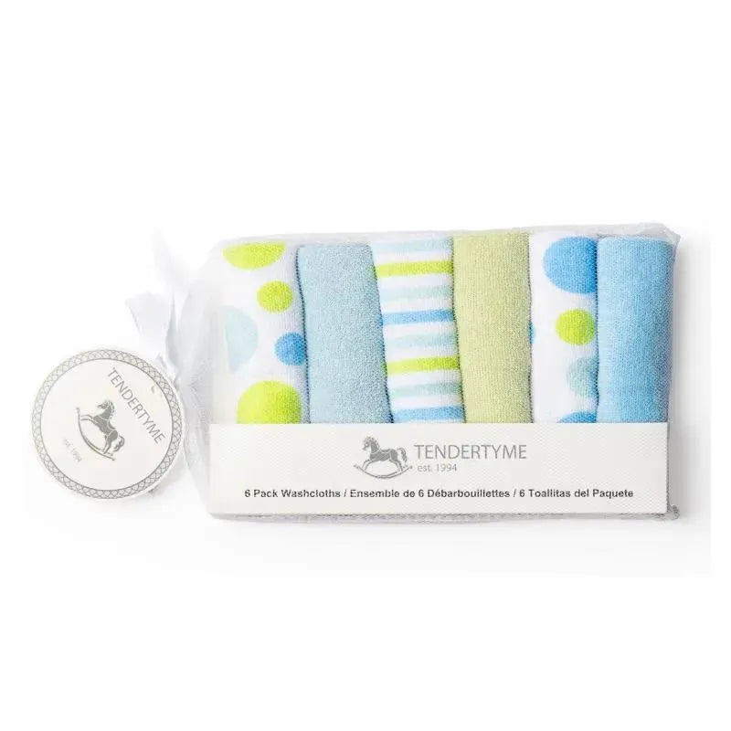 Rose Textiles Baby Washcloth Set - Blue, Green & White Circles 6 Pc Image 1