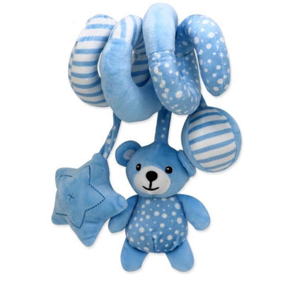 Blue bear spiral activity toy featuring soft, striped limbs and a star-shaped dangling toy for sensory play.
