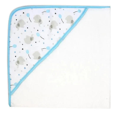 Hooded towel featuring an elephant design, light blue accents, and a soft white fabric, ideal for baby bath time.