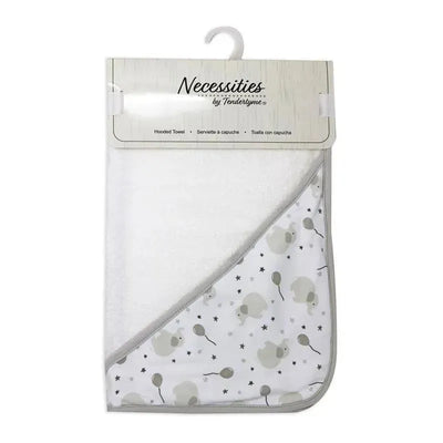 Gray elephant hooded towel featuring a playful design of elephants and balloons, packaged with a hanging loop.