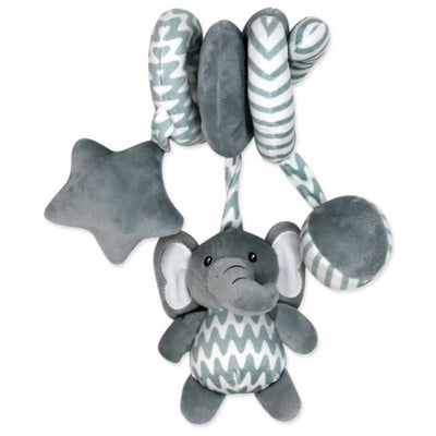 Grey elephant activity toy with spiral design, featuring a plush elephant, star, and textured rings for sensory play.