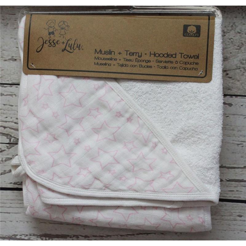 Rose Textiles - Muslin Hooded Towel Organic Cotton, Pink Stars Image 1