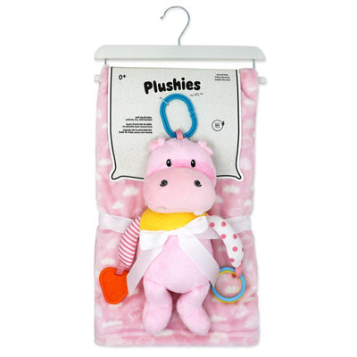Plush pink hippo activity toy with colorful rings and a soft blanket, designed for infants.