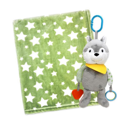 Plush activity toy shaped like a wolf with a yellow bandana, attached to a sage green star-patterned blanket.