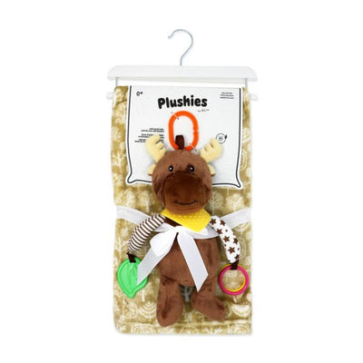 Plush tan moose activity toy with teethers, patterned blanket, and colorful attachments, suitable for infants.