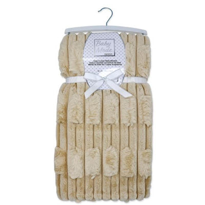 Tan fleece blanket for babies with a soft, plush texture, featuring a tied ribbon and packaging label.
