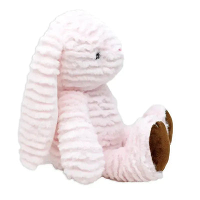 Ridged plush pink bunny toy with long ears and brown feet, designed for comfort and companionship.
