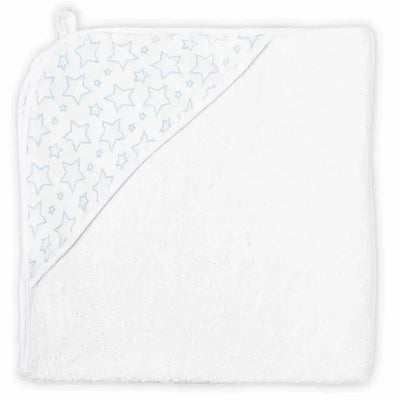 Hooded towel with a blue star print lining, offering softness and warmth for infants after bathing.