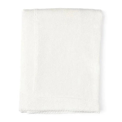 White knit blanket with a textured border, designed for warmth and decorative use.