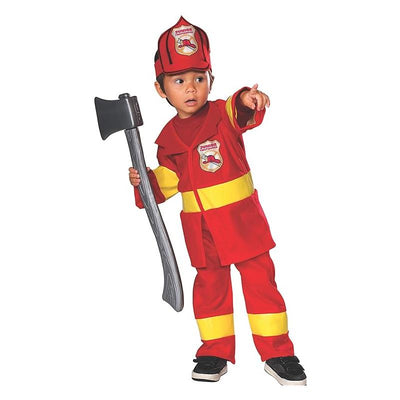 Child dressed in a red firefighter costume with yellow stripes, holding a toy axe and pointing forward.