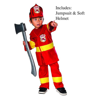 Juvenile firefighter costume featuring a red jumpsuit with yellow stripes and a soft helmet, holding a toy axe.