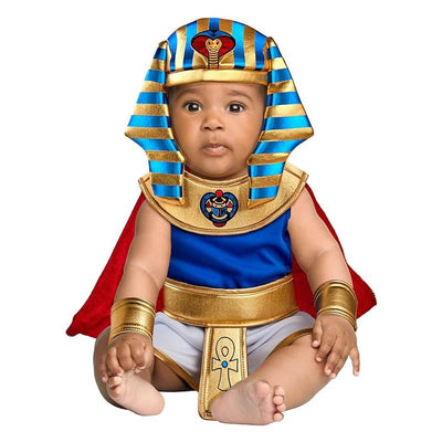 Toddler wearing a Rubies Forum King Tut costume, featuring a blue tunic, gold accents, and an Egyptian-style headdress.