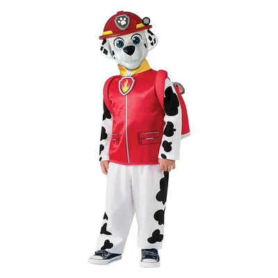 Rubies Paw Patrol Marshall kids half-mask costume featuring a Dalmatian print outfit, red jacket, and fireman helmet.