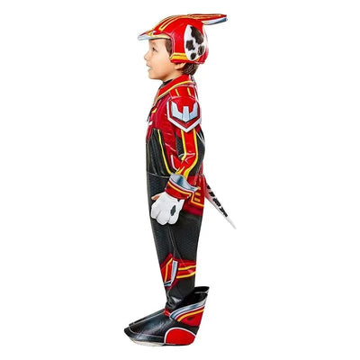 Toddler wearing a Rubies Paw Patrol Mighty Marshall costume with a red fireman suit, helmet, and spotted ears.