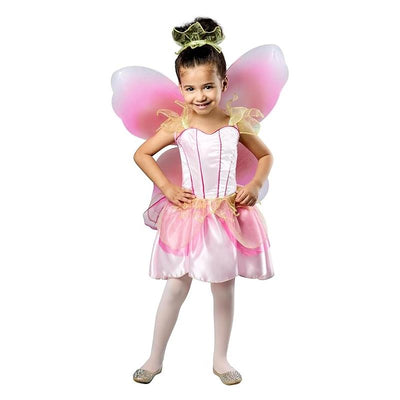 Girl wearing a pink Springtime Fairy costume with large butterfly wings and a flower headband, posing confidently.