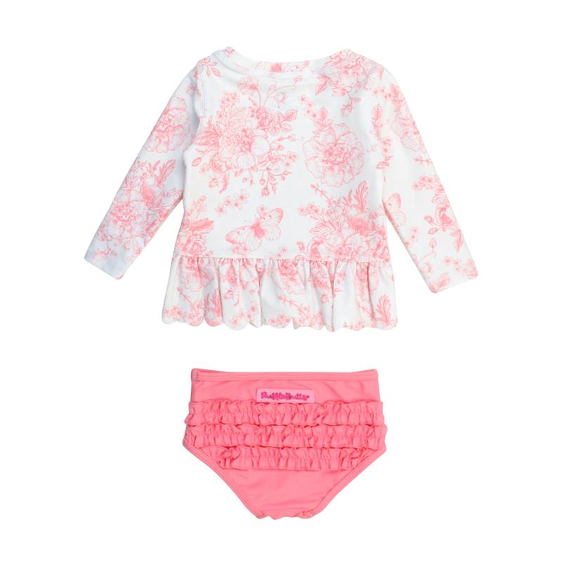 Long sleeve swimsuit set for girls featuring butterfly garden floral design and ruffled pink bottoms by Rufflebutts.
