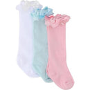 Knee high socks in three pastel colors: white, light blue, and pink, each with lace and bow details at the top.
