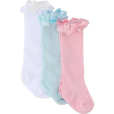 Knee high socks in three pastel colors: white, light blue, and pink, each with lace and bow details at the top.