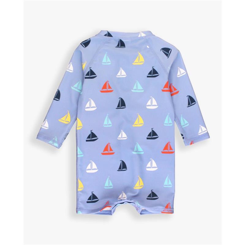 Long sleeve baby boys swimsuit featuring a light blue pattern of colorful sailboats.