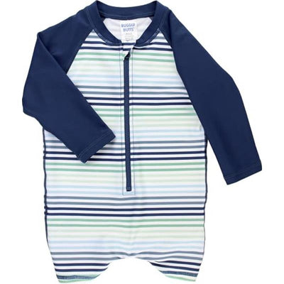 Long sleeve one-piece for baby boys, featuring horizontal stripes in blue, green, and white, with a front zipper.