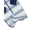 Long sleeve striped one-piece baby outfit in blue, green, and white with snap closures at the bottom.