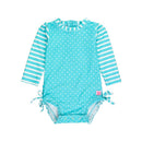 Aqua long sleeve rash guard swimsuit for baby girls featuring polka dots and striped sleeves, with side ties.