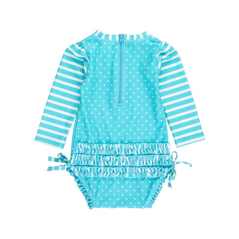 Aqua one-piece rash guard swimsuit for baby girls, featuring heart polka dots, striped sleeves, and a ruffled waist with ties.