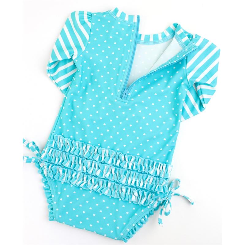 Aqua rash guard swimsuit for baby girls featuring polka dots, striped sleeves, and ruffled waistband with a zipper closure.