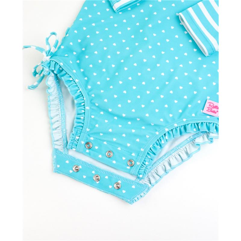 Aqua long sleeve one-piece rash guard swimsuit for baby girls, featuring white polka dots and heart patterns.