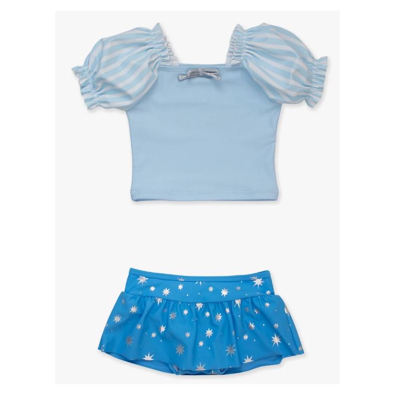 Rufflebutts - Baby Girl Blue Puffed Sleeve Skirted 2 Piece Swimsuit Image 2
