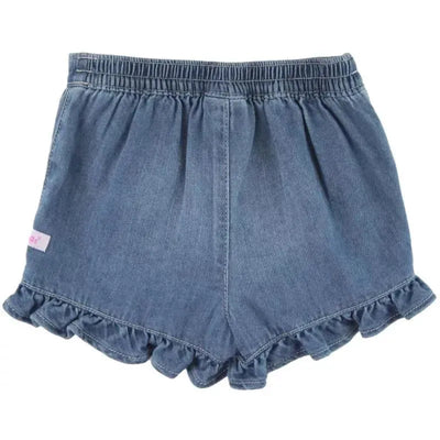 Light wash denim skort for baby girls featuring ruffled hem and an elastic waistband with a small tag label on the side.