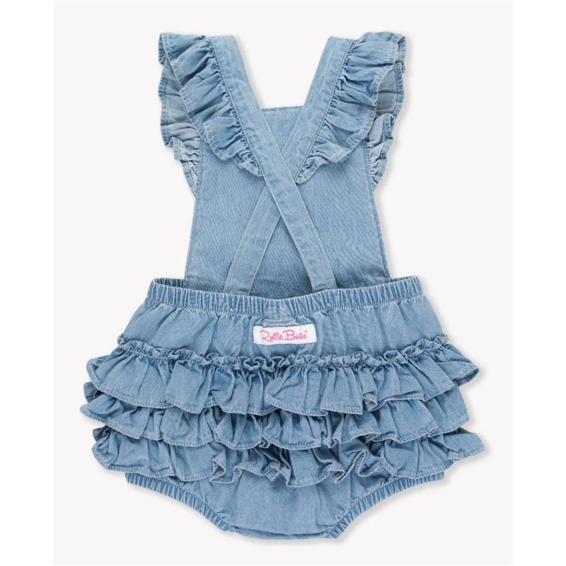 Rufflebutts - Baby Girl Light Wash Flutter Overall Rumper Image 4
