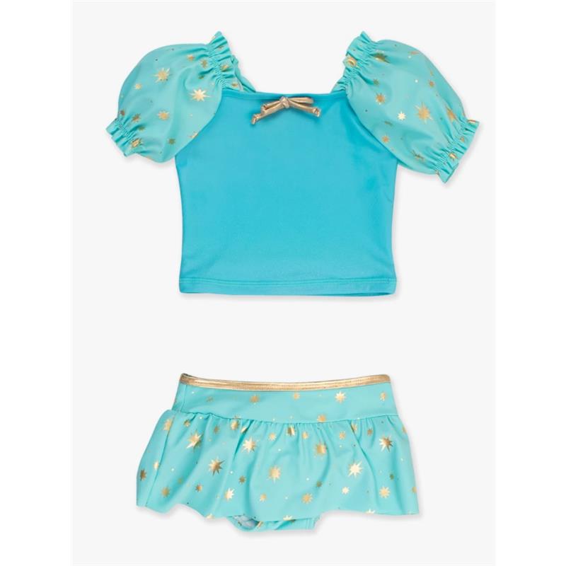 Rufflebutts - Baby Girl Puff Sleeve Skirted 2-Piece Swimsuit Teal Golden Princess Image 2