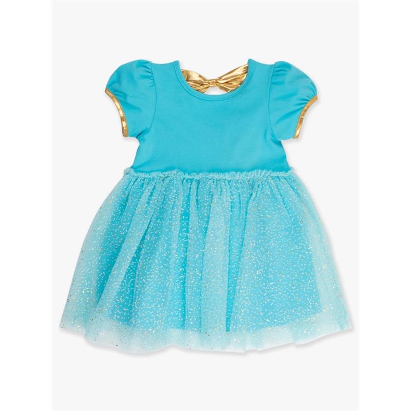 Rufflebutts - Baby Girl Short Sleeve Princess Bow Twirl Dress Teal Golden Princess Image 2